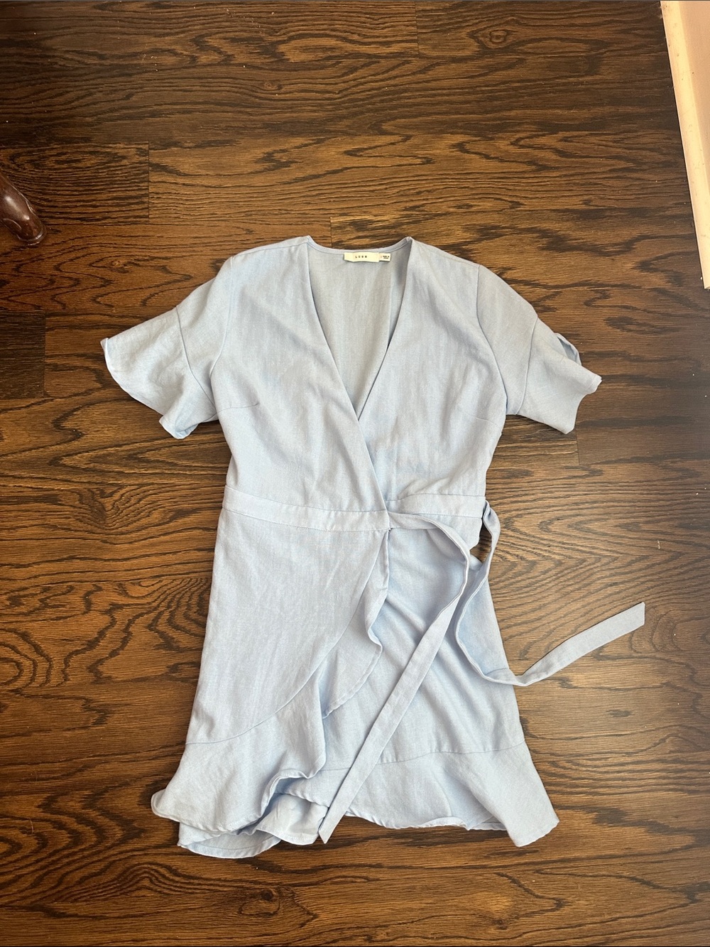 Lush Pale Blue Wrap Mini Dress with Ruffle Detail